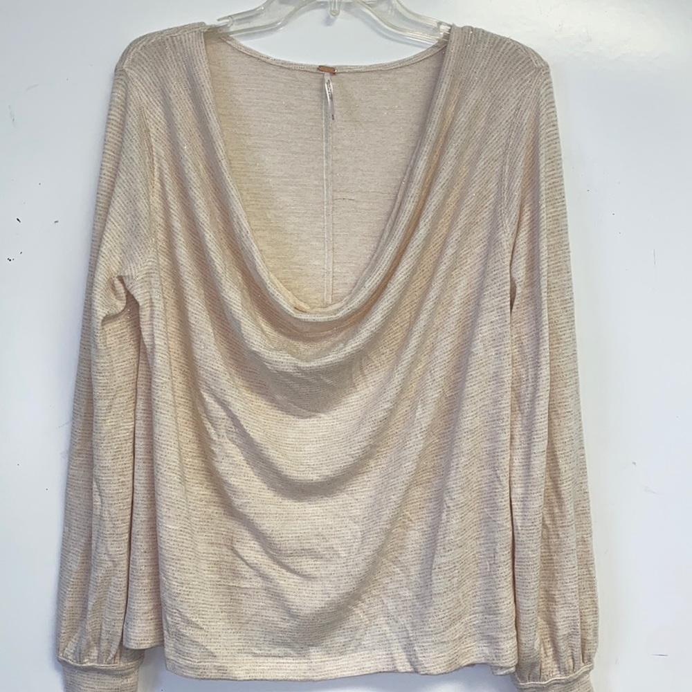 NWT FREE PEOPLE Boho Gold & Ivory Drape Cowl Neck Long Sleeve Shirt Medium 8 10
